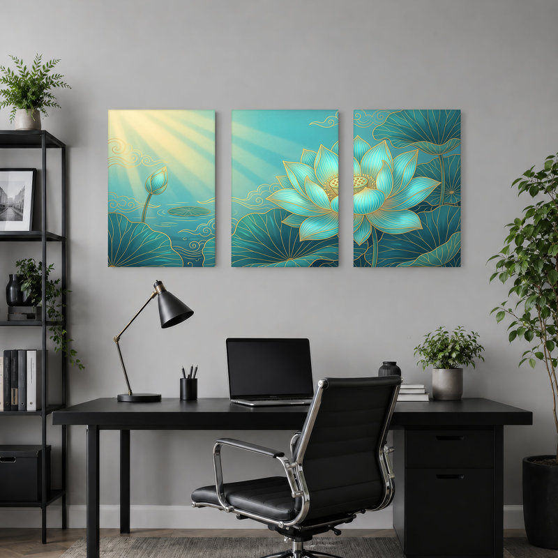 Toile de lotus bleu sarcelle avec contours dorés et rayons de soleil, ensemble de 3 toiles, 24"H x 16"W x 3pcs