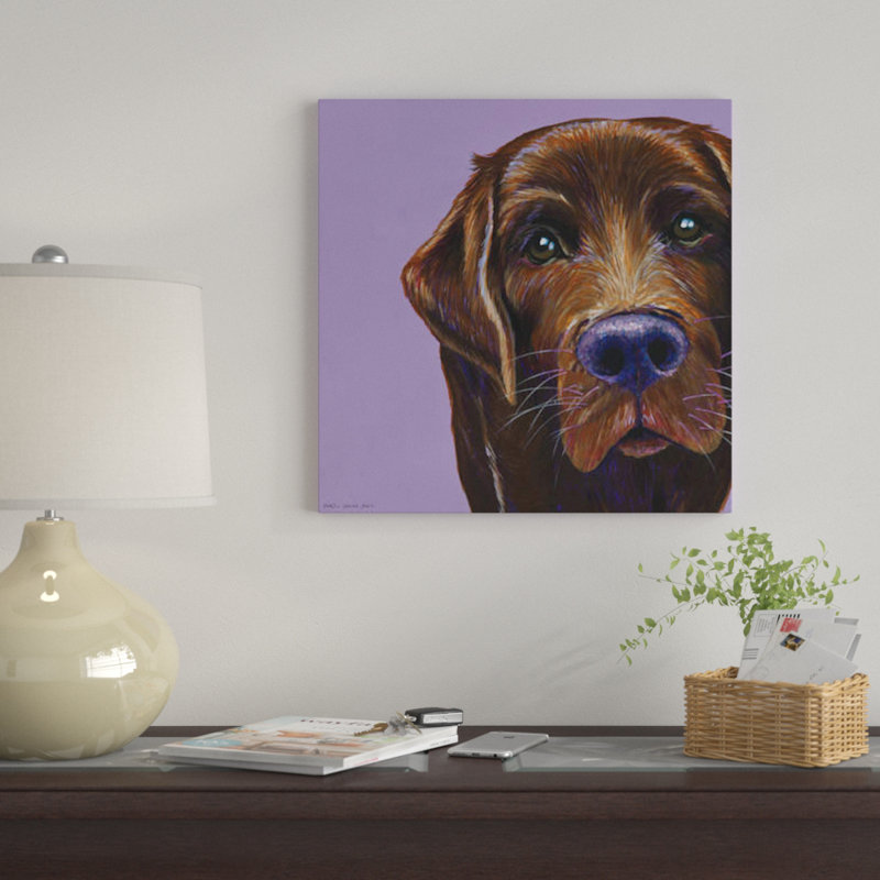 «Brown Labrador On Lilac, Square» par Kirstin Wood, impression sur toile, H 37 po x l 37 po x P 1,5 po, Toile avec cadre noir