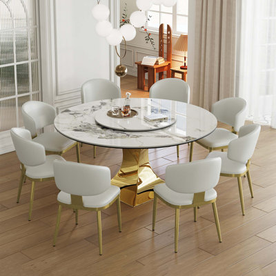 Ensemble de table de salle à manger 59 po en pierre frittée ronde avec base en sablier en acier inoxydable et 8 chaises rembourrées