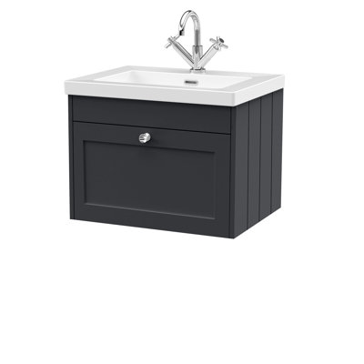 Old London Ashwick Satin Soft Black 800mm  Wall Hung 1-Drawer Unit with Basin 1 TH