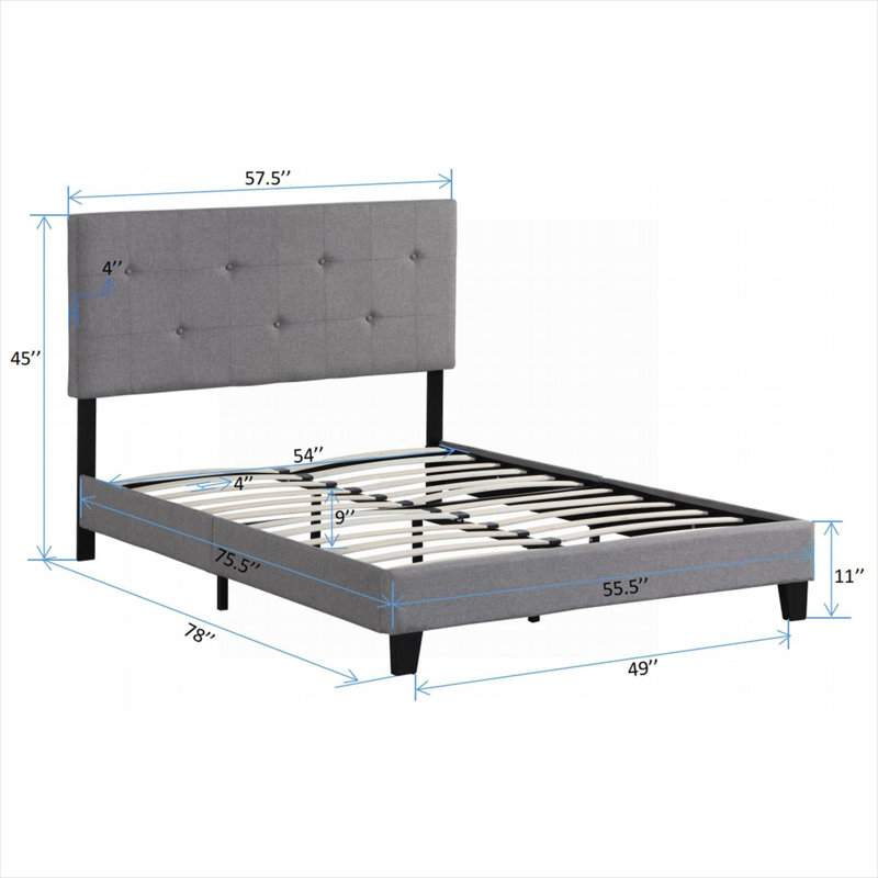 Full Double Size Modern Upholstered Platform Bed, Button Tufted Linen, No Box Spring Required, Classic Gray