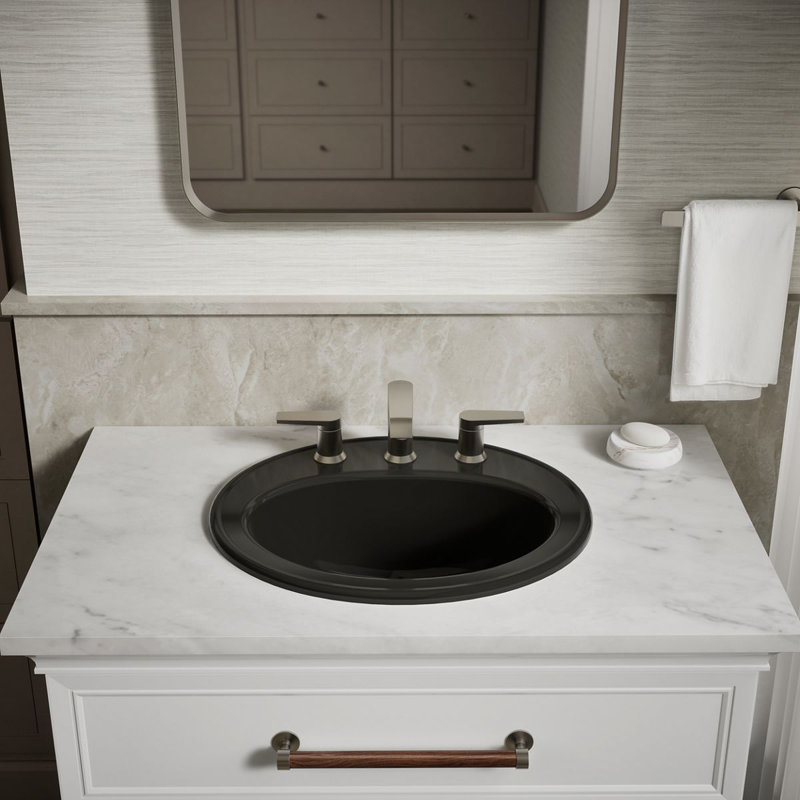Pennington Ceramic Oval Drop-In Bathroom Sink with Overflow, Black, 8'' Centers