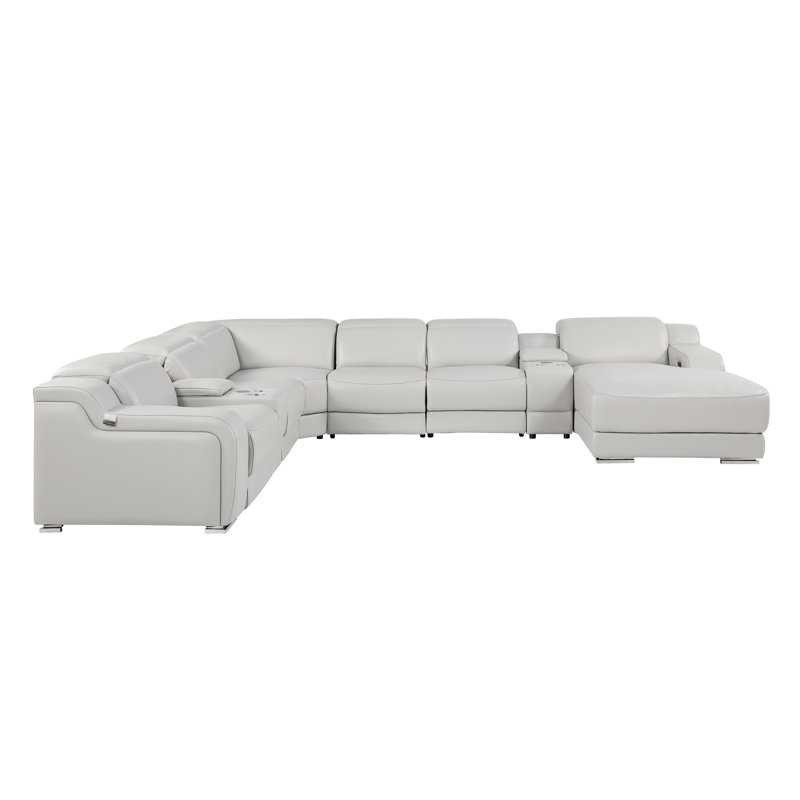 Canapé modulaire en forme de L gris clair 8 pièces faisant face à droite en cuir italien avec 2 fauteuils inclinables électriques et appuis-tête réglables
