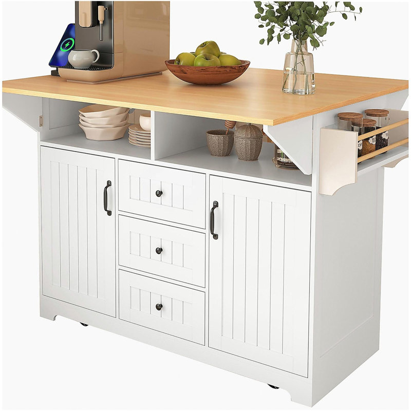 55.7-inch large kitchen island with 2 foldable leaves, 5-wheel rolling kitchen cart, with power outlet, folding storage table, with spice and towel rack, 3 drawers, suitable for kitchen, dining room, white