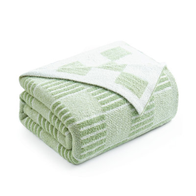 Reversible Checkered Striped Throw Blanket, Fluffy Faux Fur Blend Blankets For Couch Or Bed