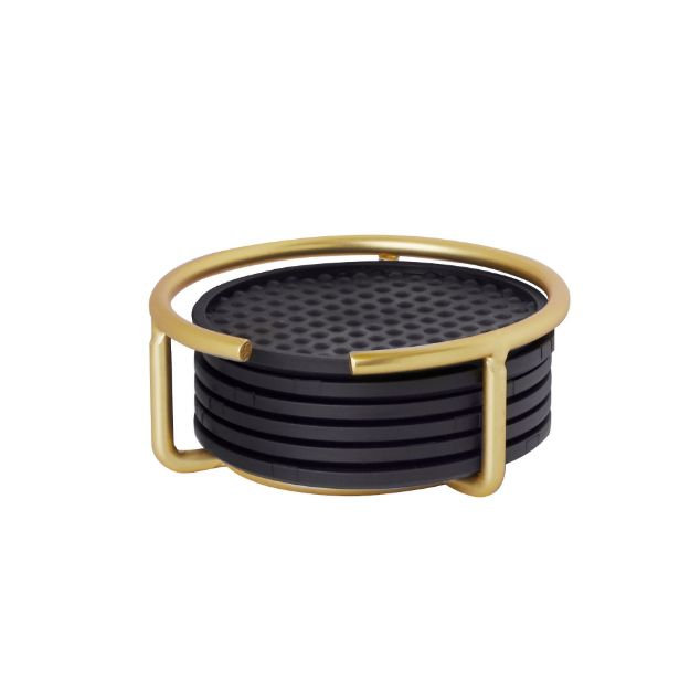 Abelina Steel Agate Ceramic Jute Leather Crystal Round 6 Piece Coaster Set with Holder Set