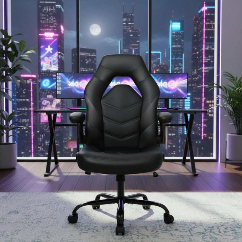 Black PU Leather Ergonomic Chair With Lumbar Support, Flip-Up Armrests, Height Adjustable, And Casters; Suitable For Home, Office, And Gaming Use.