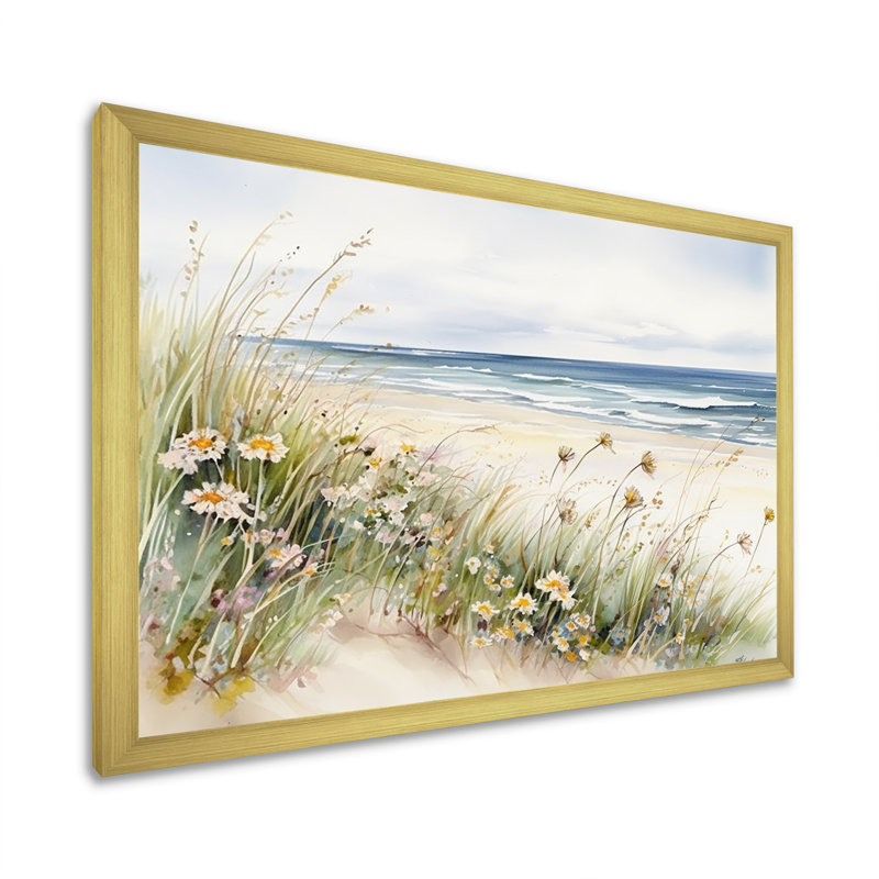 Fleurs sauvages sur la plage - Art mural fleurs sauvages, H 12 po x l 20 po x P 1 po, Cadre doré simple