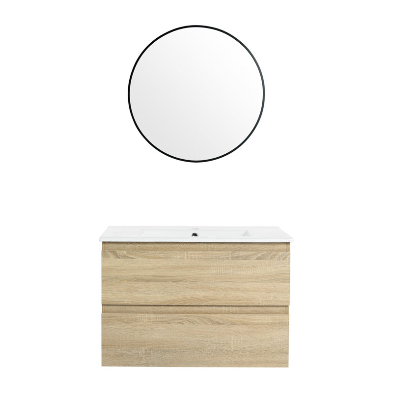 Meuble-lavabo mural en chêne 30 po avec lavabo en céramique et 2 tiroirs à fermeture en douceur - finition moderne, 30"