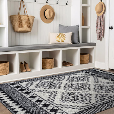 Tapis blanc à poils longs à motif géométrique - facile à nettoyer, facile à nettoyer