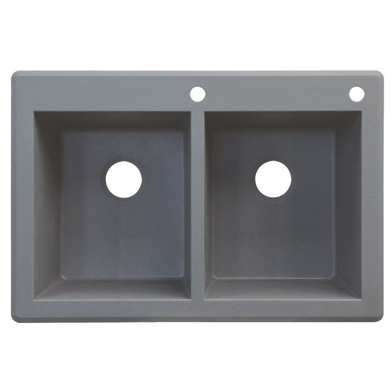 Radius 33.0625'' L Double Bowl Granite Kitchen Sink, 2 hole, Gray