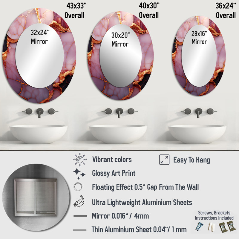 Gold And Pink Marble Essence I - Pink Modern Oval Wall Mirror, 36" x 24"