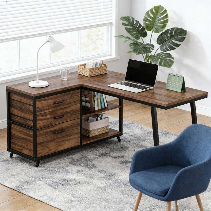 Versatile L-Shaped Office Desk with Drawers