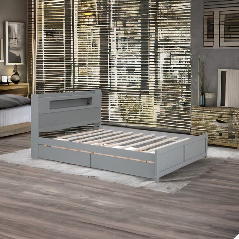 Grand lit plateforme avec rangement en bois avec DEL, gris