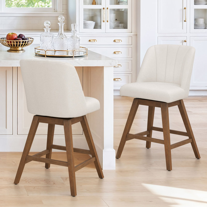 Tabourets de bar pivotants à 360 ° avec pieds en bois, Beige / noyer, 2