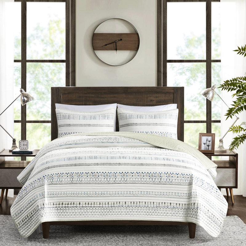 3 pièces de courtepointe en microfibre taupe / bleu en microfibre, double / grand, facile à entretenir avec matelassage à rainures, double / grand