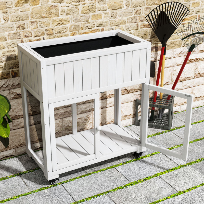 Mini Wood Cold Frame Greenhouse with Wheels, Raised Bed and Liner, White