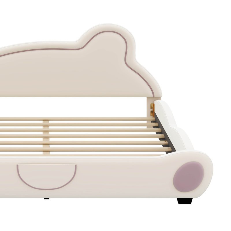 Lit plateforme en velours avec tête de lit en forme d'ours et poche de bout de lit, Beige, Grand lit