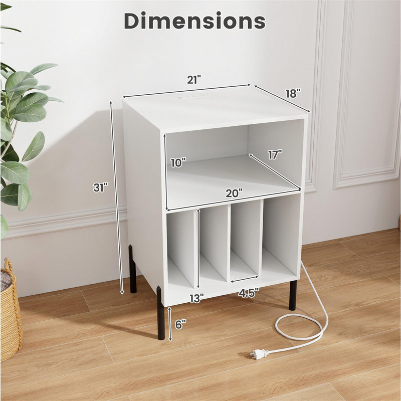 Record Player Stand With Charging Station, Holds 150 Albums, White, White