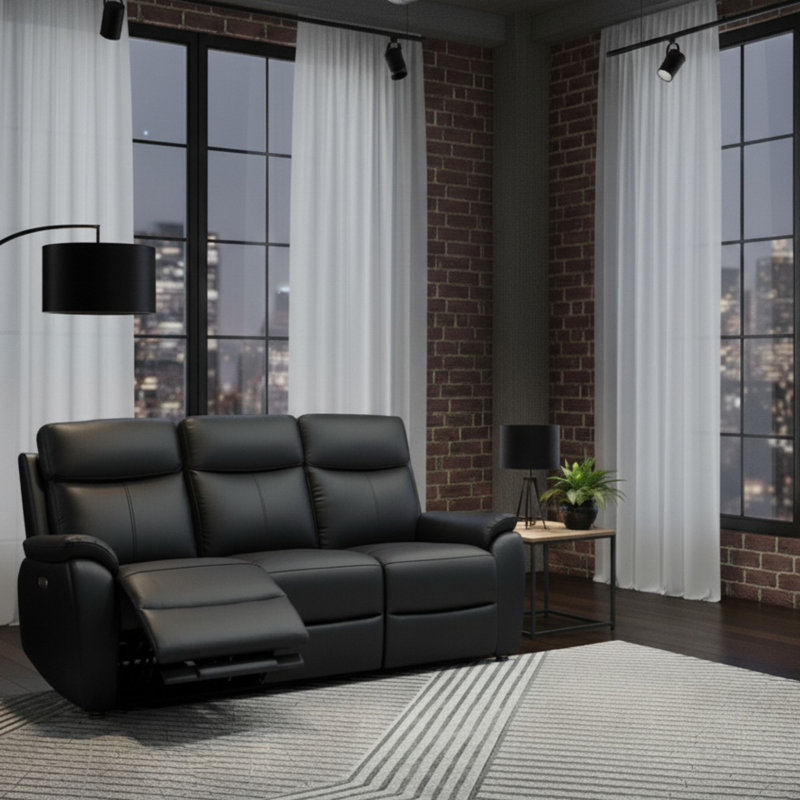 Windsor Powerglide Power Recliner Real Leather Sofa With USB Charging, Black, 1