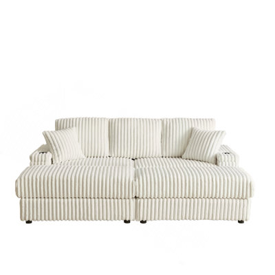 Canapé de 84 pouces en velours côtelé 3 places avec 3 coussins de dossier, 2 coussins décoratifs, 2 repose-pieds, 2 tabourets de rangement et porte-gobelets Comfy Sofa - Coussin de siège profond pour le salon