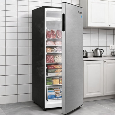 Metal Stand-Up Upright Freezer for Home, Kitchen, Garage, Basement – 7 cu.ft Large Capacity – Adjustable Thermostat, Removable Shelves, Energy Efficient, Single Door – BD193L 7 cu.ft metallic color