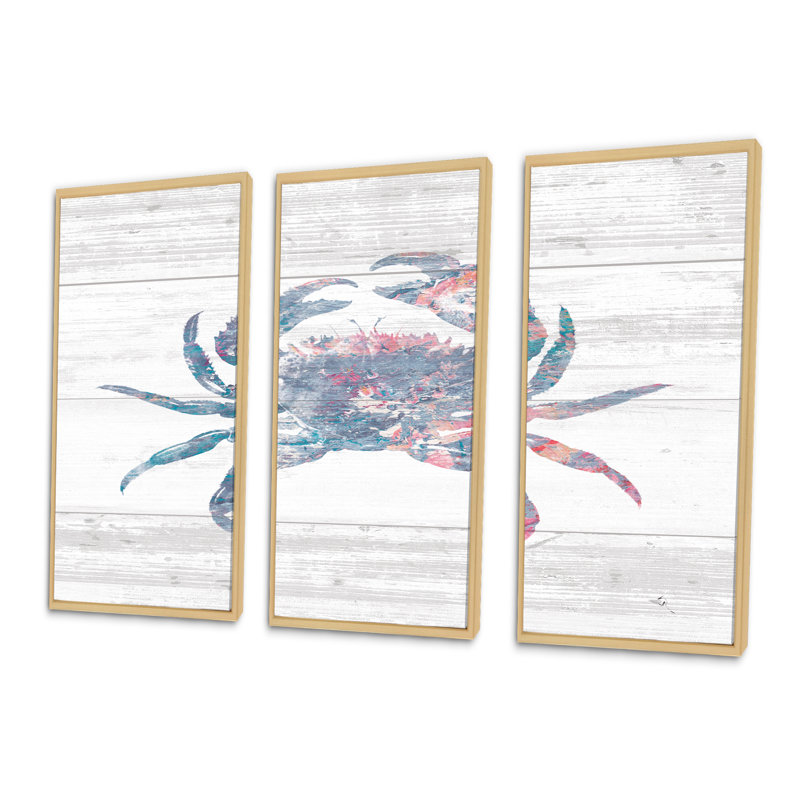 Crabe rose océan, ensemble de 3 reproductions d'art sur toile encadrées nautiques et côtières, H 28 po x l 36 po, Érable