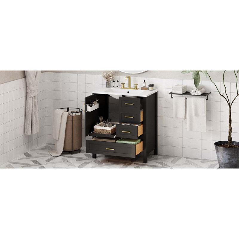 Ensemble de meuble-lavabo avec lavabo 30 po, armoire de rangement pour salle de bain avec porte à fermeture douce, 3 tiroirs à fermeture douce et plateau amovible, structure en bois massif