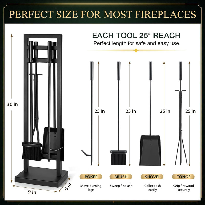 5-Piece Fireplace Tool Set, 30" One-Piece Stand,Black