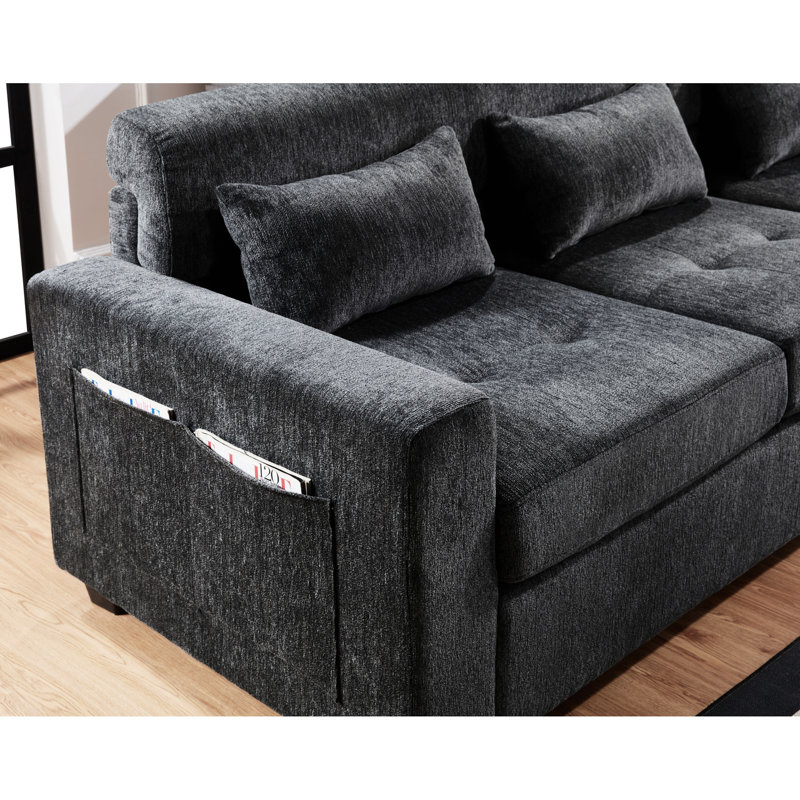 Grey Chenille Sectional With Adjustable Back Support, Charging Ports, Side Pockets, , , Pillows , Pillows, Throw
