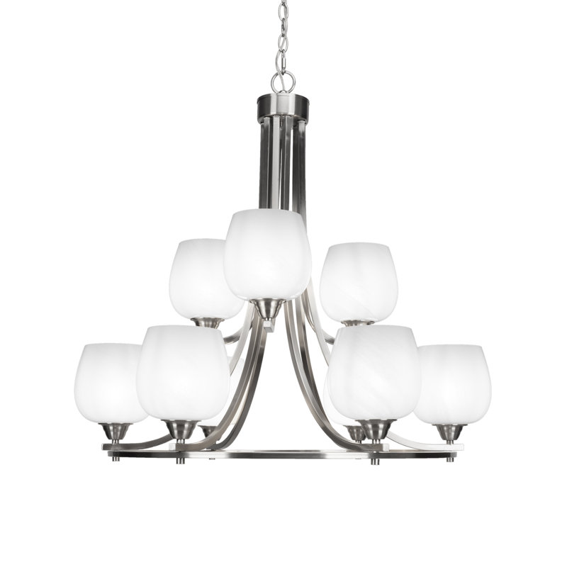 9-Light Chandelier, Brushed Nickel, White