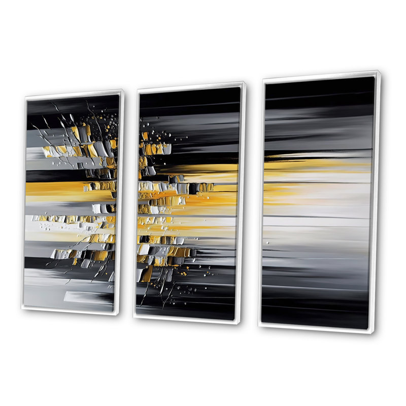 Abstrait géométrique noir et jaune I - animaux, ensemble d'art mural sur toile, Cadre flottant blanc