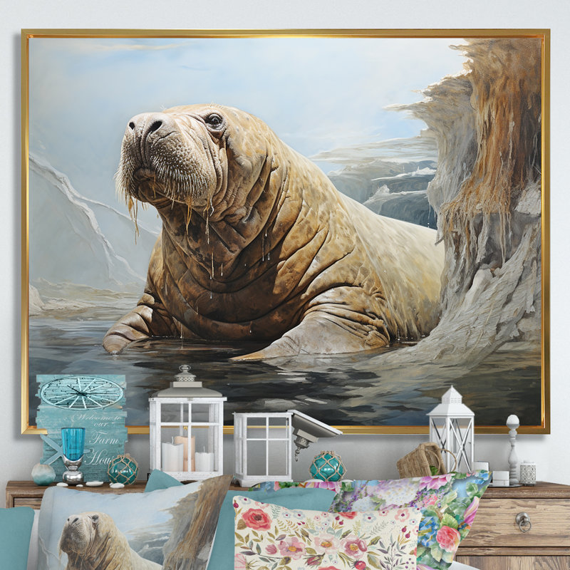 Lazy Walrus Habitat I - Morse, reproduction d'art mural, Cadre flottant doré, H 12 po x l 20 po x P 1 po