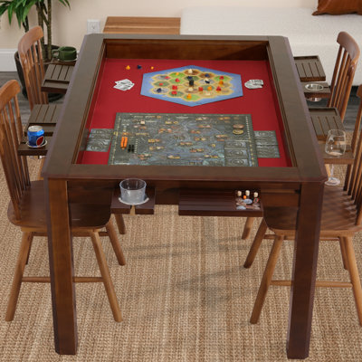 Table de jeu de société avec plateau amovible, table de salle à manger et de jeu en bois massif de qualité héritage pour 4 à 6 joueurs, tapis de jeu en néoprène, support à feuilles, 6 porte-gobelets et plateaux, grande aire de jeu de 54 po x 31 po, noyer