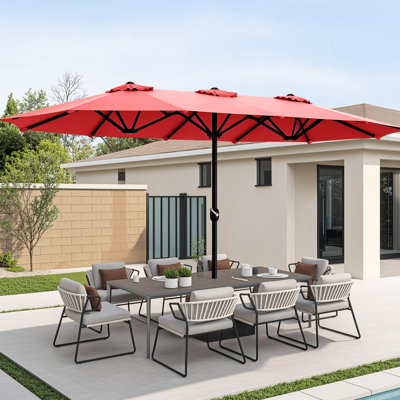  Parasol de patio à double face 15 pi avec base et manivelle, très grand parasol rectangulaire d'extérieur pour le patio, la pelouse et le jardin, rouge