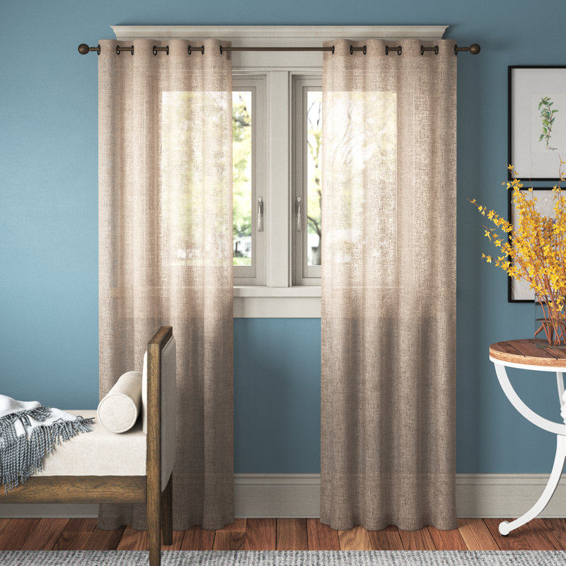 Aleksander Faux Linen Semi Sheer Grommet Curtain Pair, Beige, 54" W x 54" L