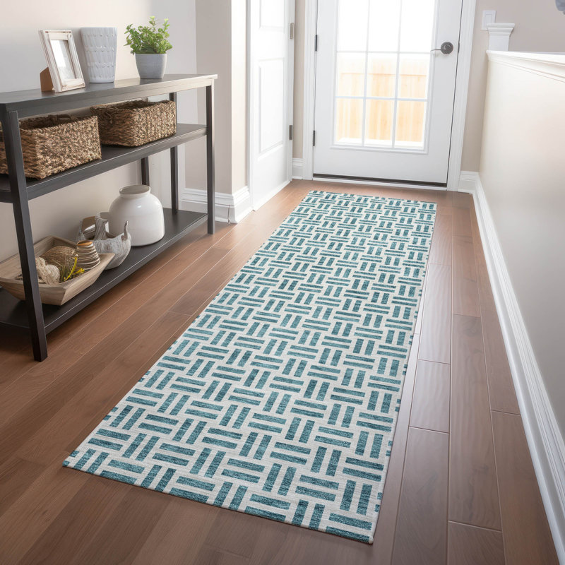 Teal Geometric Washable Synthetic Indoor/Outdoor Runner Rug