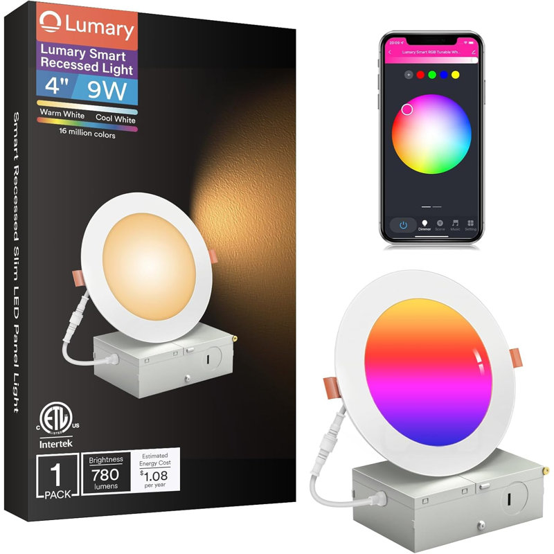Éclairage encastré ultra-mince à DEL de 4 po Lumary, lumière encastrée DEL à changement de couleur, lumières de soffite Wi-Fi Bluetooth avec J-Box, compatible avec Alexa / Google Assistant / télécommande BT, 1 paquet