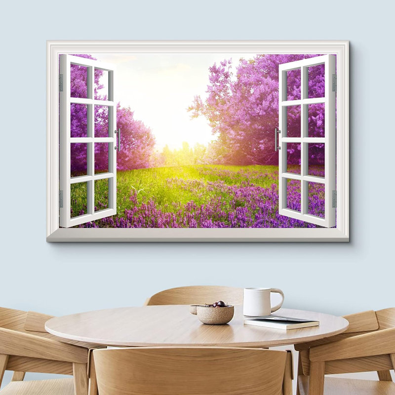 Fenêtre, paysage, fleur mauve et prairie verte sous un soleil éclatant - impression sur toile tendue, H 16 po x l 24 po