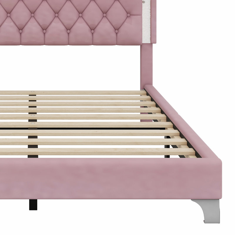 Upholstered Bed Frame With LED Lights, Pink