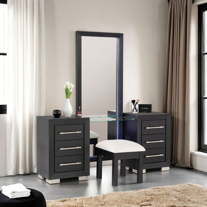 Contemporary Style 1Pc Vanity With  Stool Metal Legs USB Port Ball Bearing Glides Glass Top Full Length Mirror Bedroom Furniture