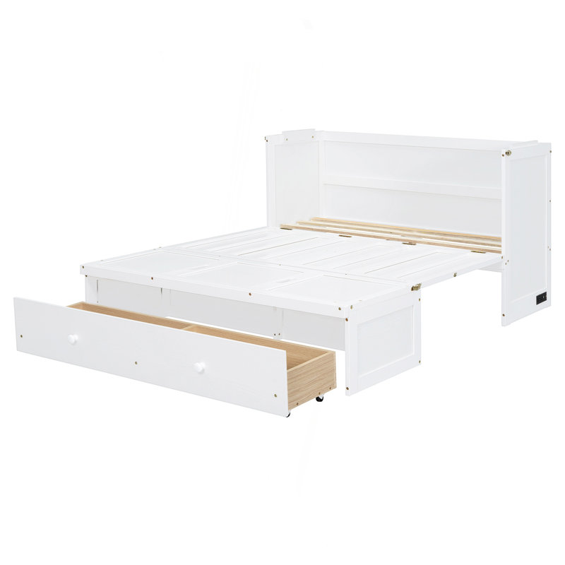 Lit escamotable double avec port USB et grand tiroir, blanc, Lit double, Blanc