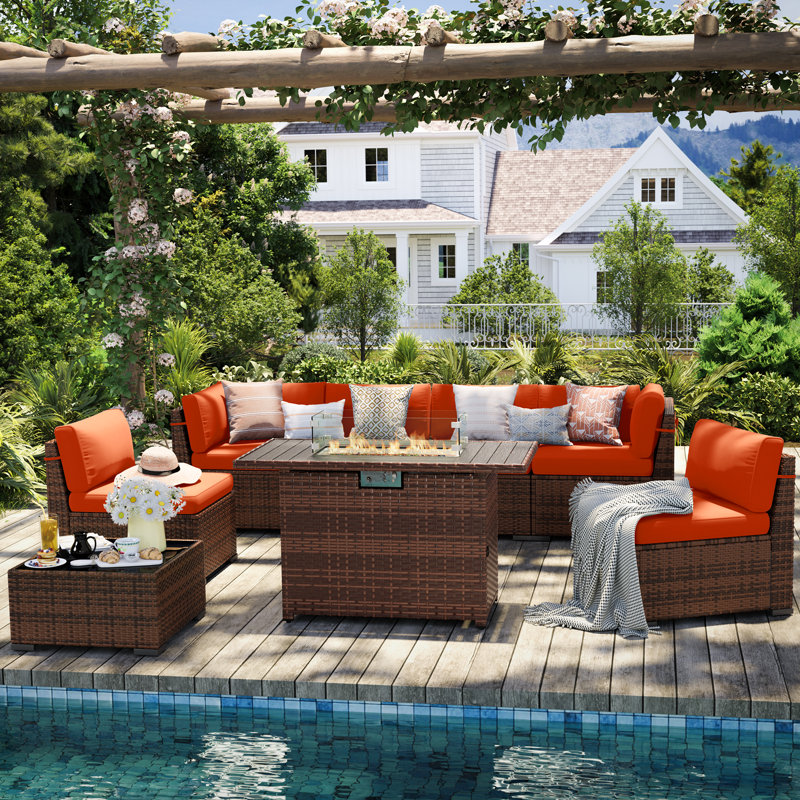 6 Person Rattan Sectional Seating Group With Cushions, Orange, Yes
