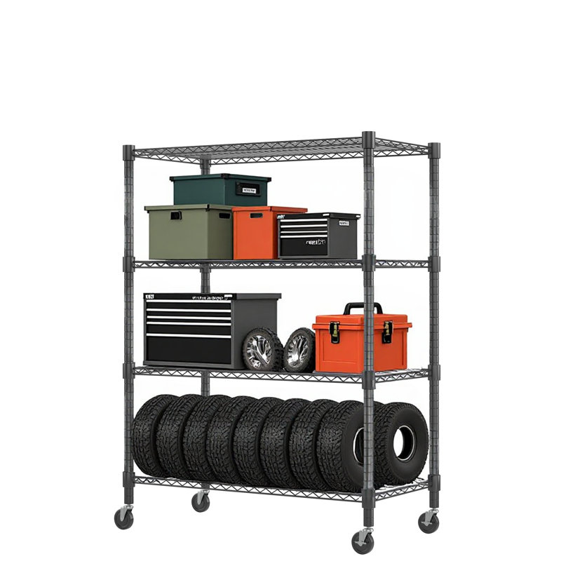 Étagères de rangement robustes, étagère grillagée à 4 niveaux avec roulettes, tablettes en métal réglables commerciales pour le rangement, étagères de cuisine pour garde-manger