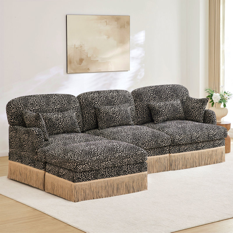 Canapé en L 100 po à imprimé léopard confortable en chenille, bord de pampille délicat, repose-pieds mobile, style moderne, dossier et siège ergonomiques, assemblage facile, siège profond