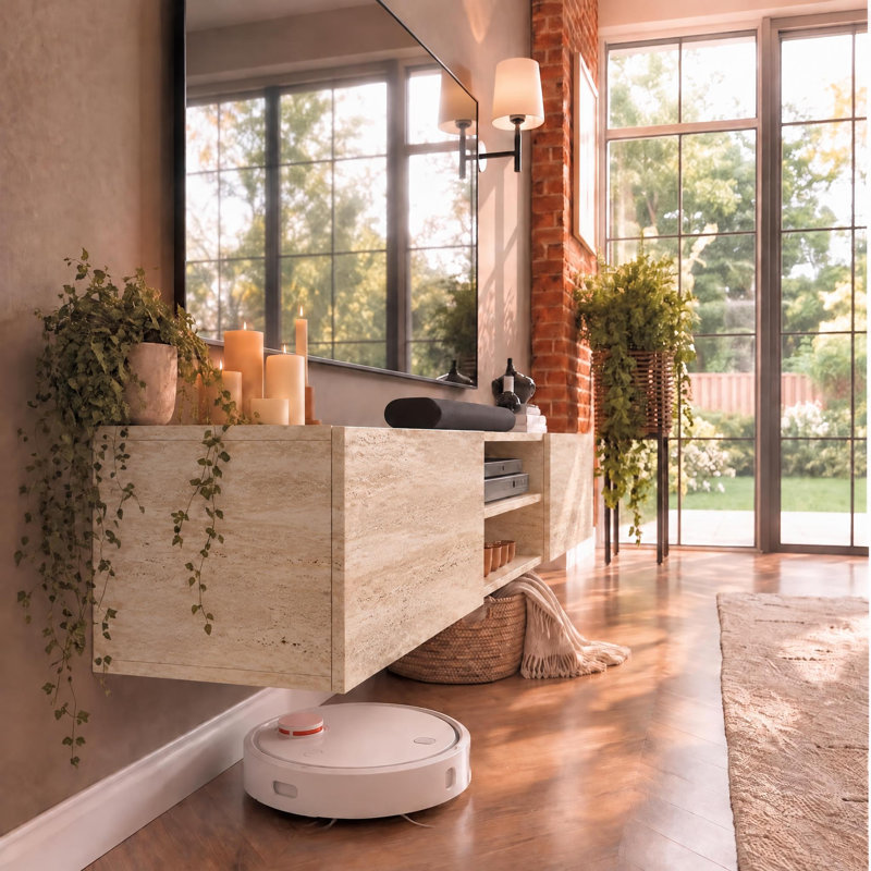Meuble télé mural suspendu Desmone 71 po moderne avec rangement pour téléviseurs jusqu'à 80 po (203 cm), beige travertin
