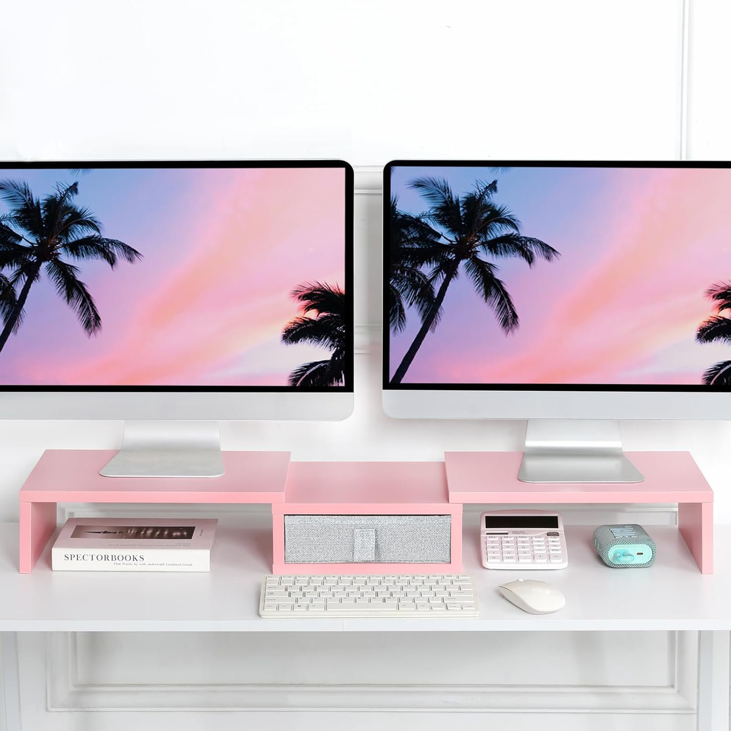 Hokku Designs Pink Dual Monitor Stand Riser With Drawer,2 Laptop,PC ...