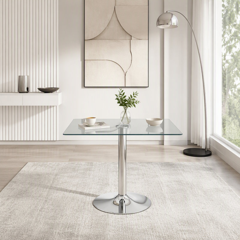 Table de salle à manger 38,5 "carrée en verre avec base à colonne unique, Argent / transparent
