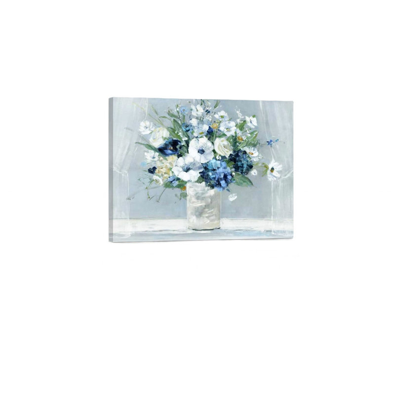 White And Blue Flowers In Vase Unframed Canvas Wall Art 24" X 18"