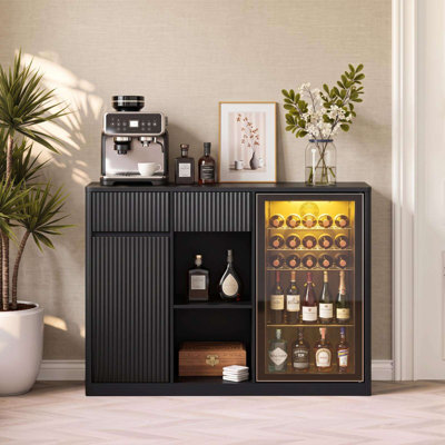 51" Fluted Bar Cabinet with Fridge Space, Modern Coffee Station with Charging Hub & Wine Glass Rack for Home Beverage & Liquor Storage.